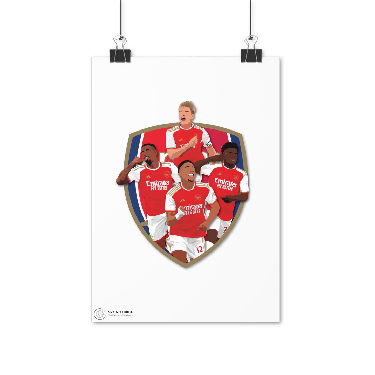 Arsenal poster met spelers Odegaard, Gabriel, Saka en Timber