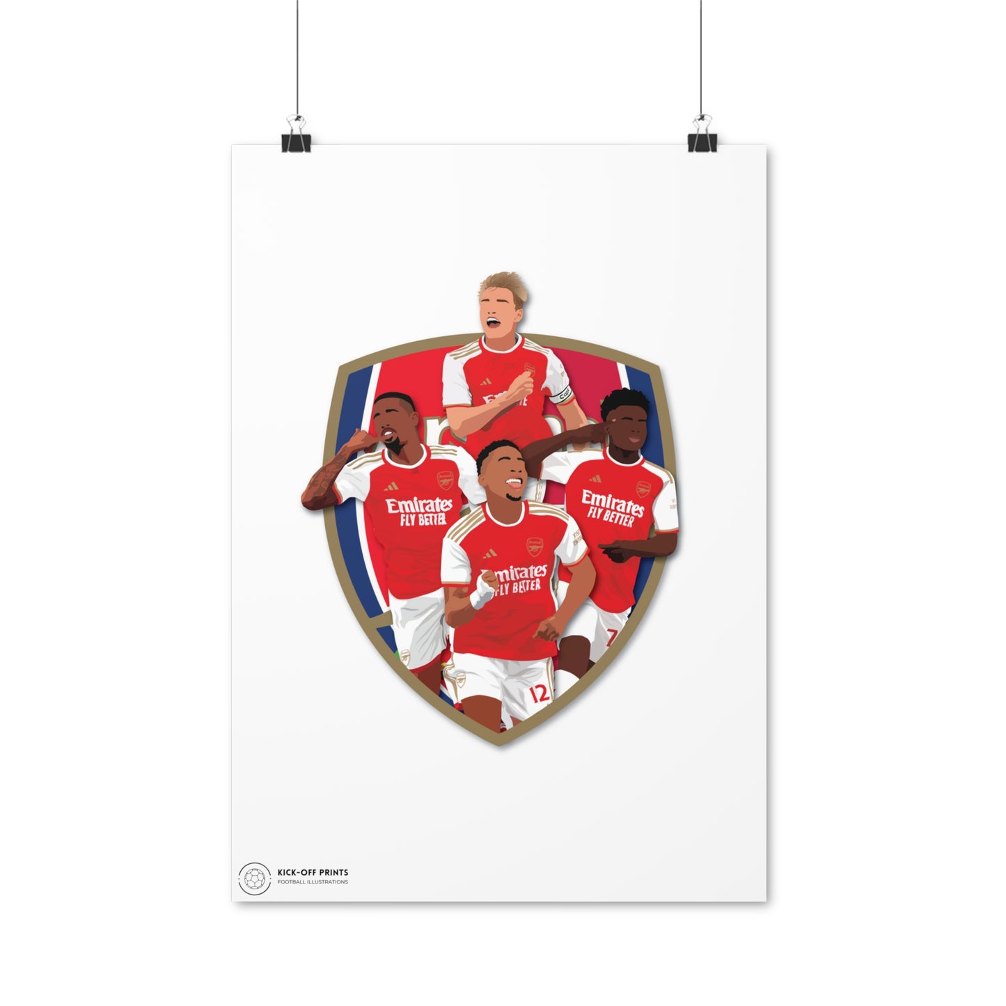 Arsenal poster met spelers Odegaard, Gabriel, Saka en Timber
