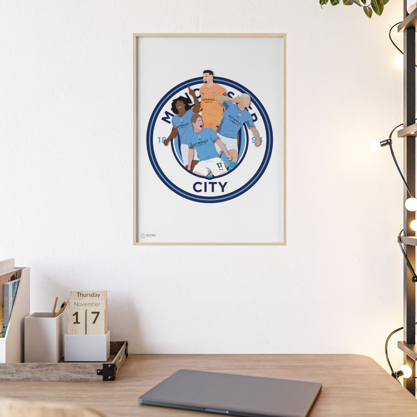 Ingelijste Manchester City poster met spelers Ederson, Ake, Haaland en De Bruyne