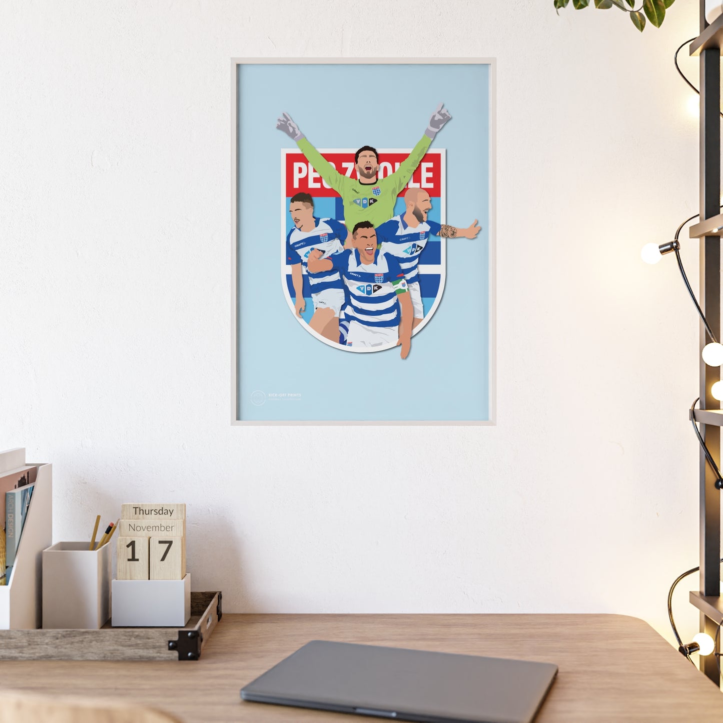 Ingelijste PEC Zwolle poster met spelers Jasper Schendelaar, Ryan Thomas, Apostolos Vellios en Bram van Polen
