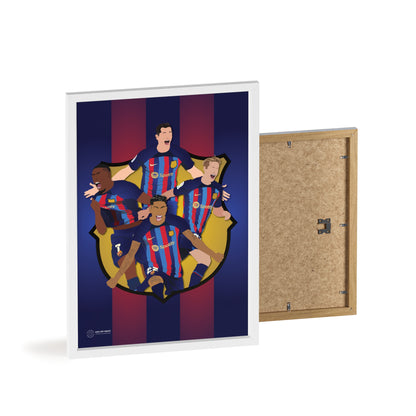 Ingelijste FC Barcelona poster - Lewandowski, Dembele, Frenkie de Jong en Raphinha