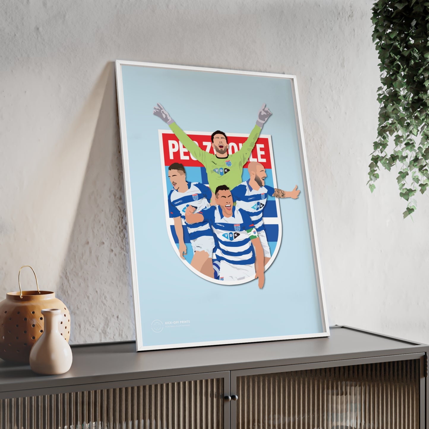 Ingelijste PEC Zwolle poster met spelers Jasper Schendelaar, Ryan Thomas, Apostolos Vellios en Bram van Polen