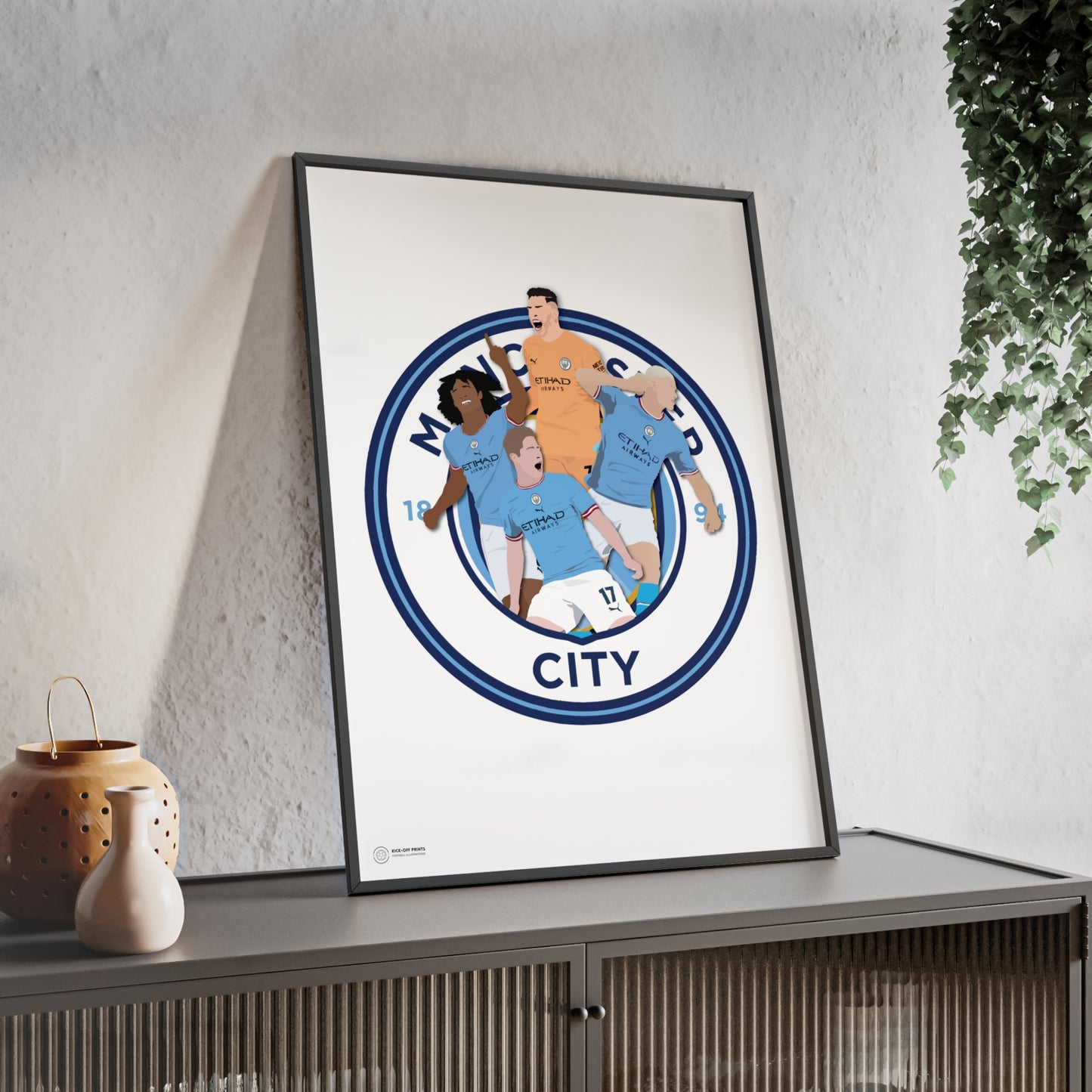 Ingelijste Manchester City poster met spelers Ederson, Ake, Haaland en De Bruyne