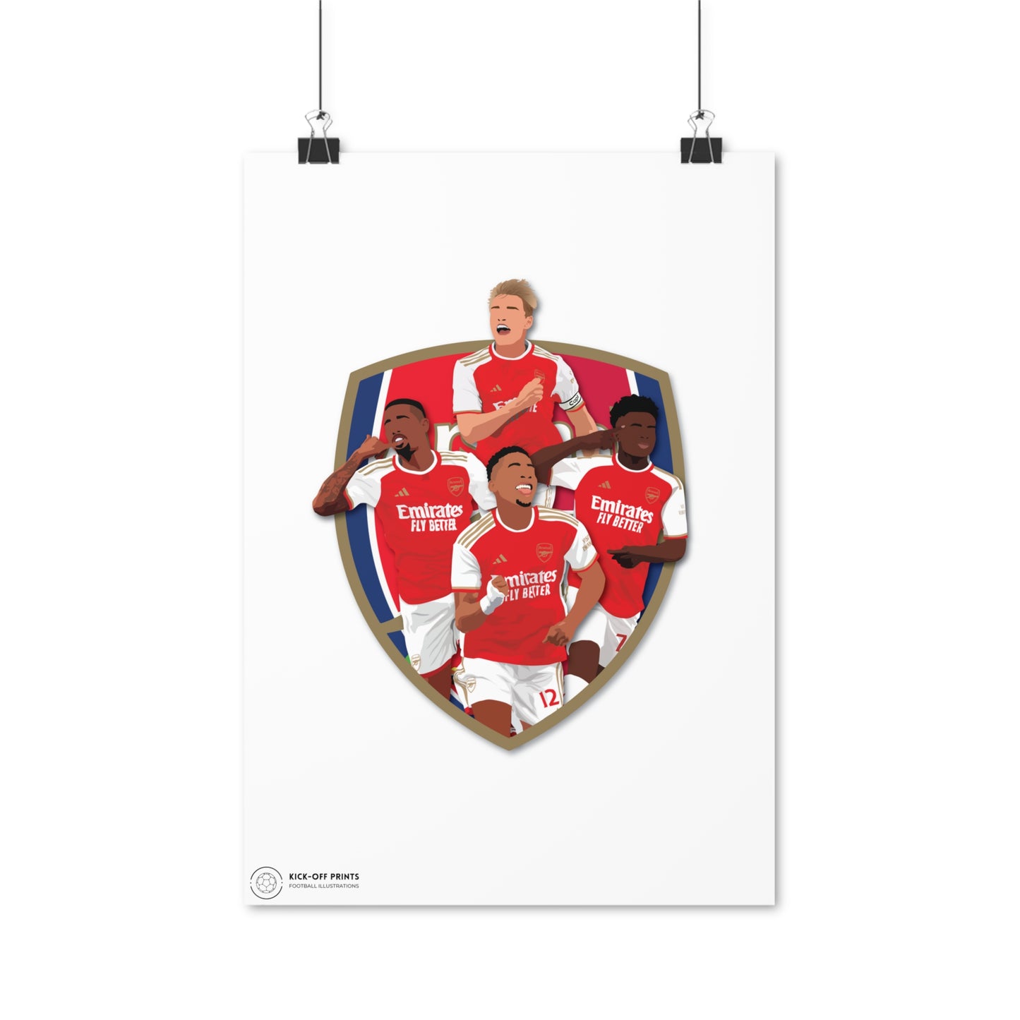 Arsenal poster met spelers Odegaard, Gabriel, Saka en Timber