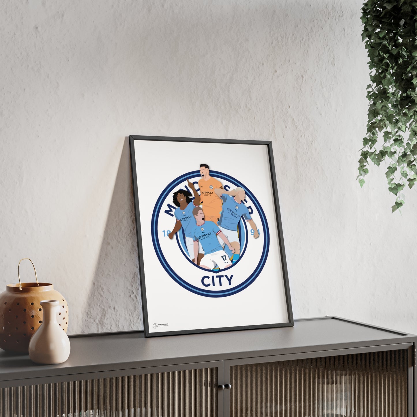 Ingelijste Manchester City poster met spelers Ederson, Ake, Haaland en De Bruyne