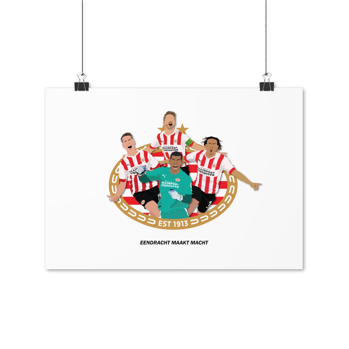 PSV poster met Luuk de Jong, Joey Veerman, Xavi Simons en Walter Benitez + "Eendacht maakt macht"