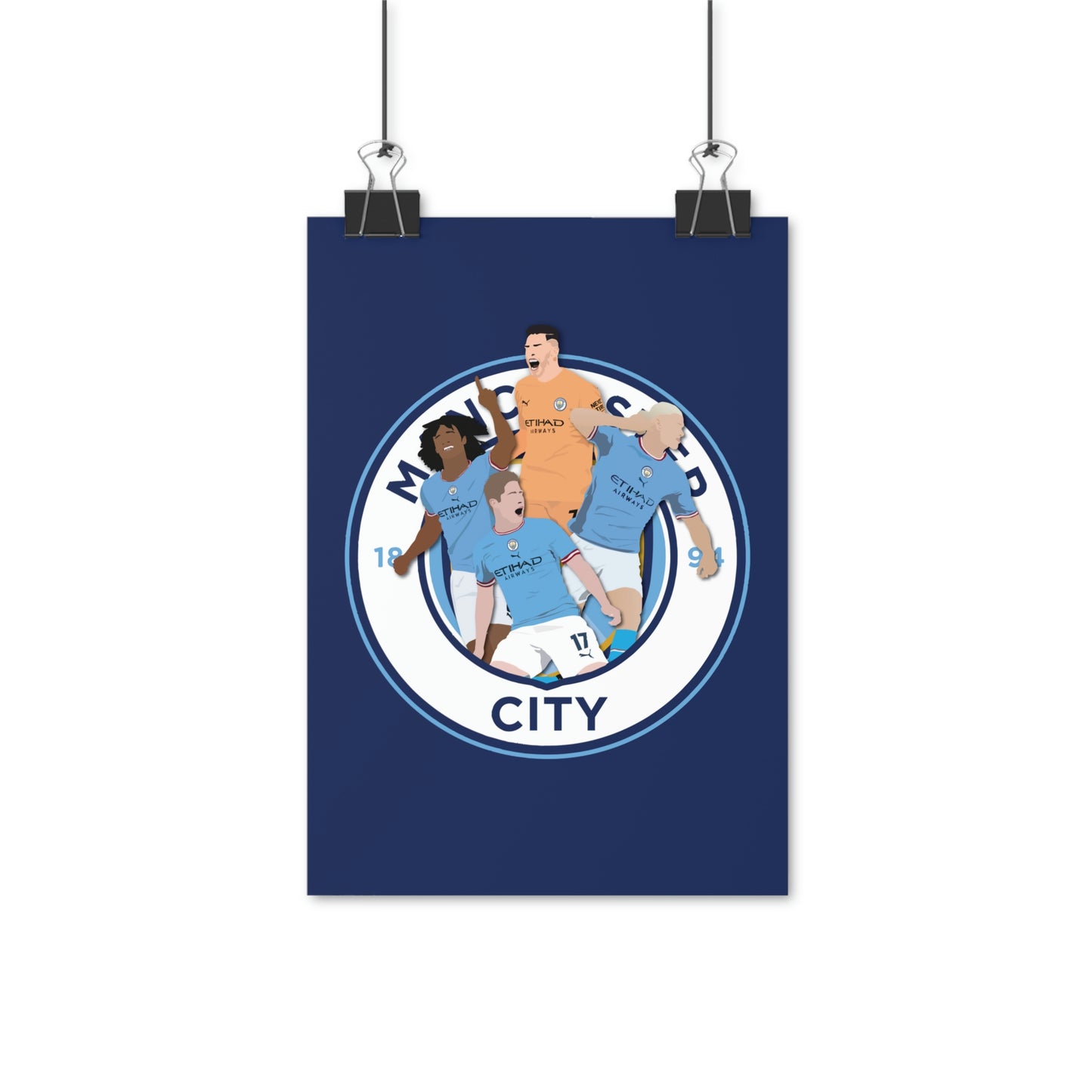 Manchester City poster with players Ederson, Ake, Haaland and De Bruyne (Blue background)