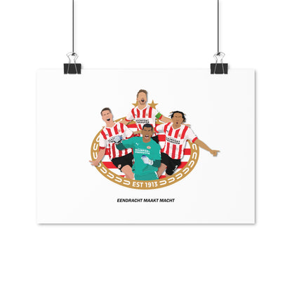 PSV poster met Luuk de Jong, Joey Veerman, Xavi Simons en Walter Benitez + "Eendacht maakt macht"