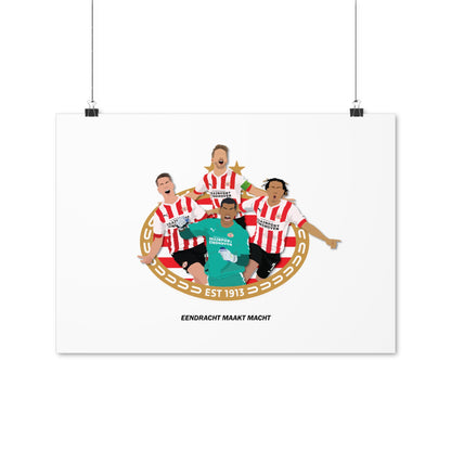 PSV poster met Luuk de Jong, Joey Veerman, Xavi Simons en Walter Benitez + "Eendacht maakt macht"